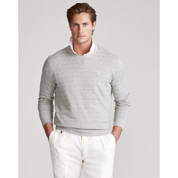 Polo Ralph Lauren Mens Sweater Gray Pima Cotton Fair Isle Knit Pullover Large - Picture 1 of 13